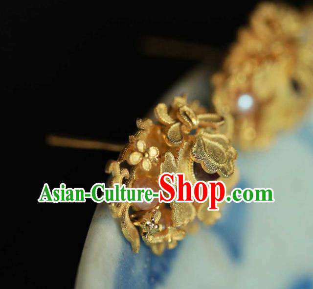 Chinese Traditional Ming Dynasty Pearls Golden Earrings Accessories Ancient Empress Tourmaline Ear Jewelry