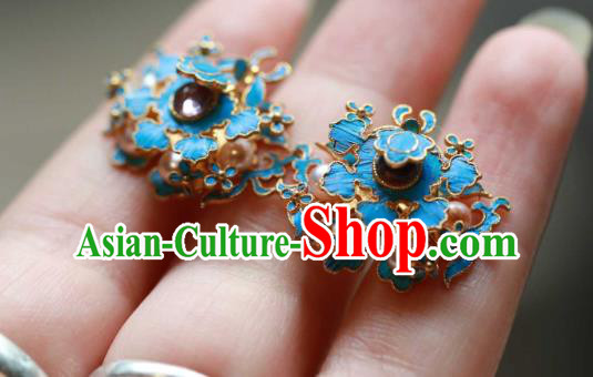 Chinese Traditional Qing Dynasty Cloisonne Earrings Accessories Ancient Empress Tourmaline Pearls Ear Jewelry