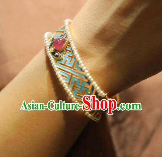 China National Tourmaline Bracelet Jewelry Traditional Cloisonne Accessories Handmade Qing Dynasty Pearls Bangle