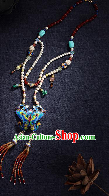 China Traditional Blueing Butterfly Necklace Jewelry Accessories Ming Dynasty Beads Tassel Necklet Pendant