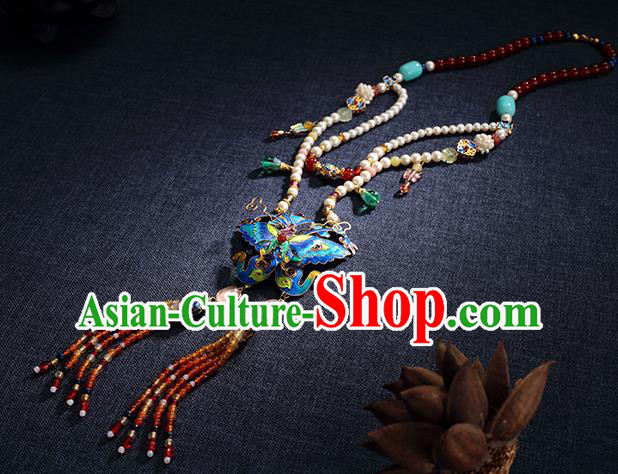 China Traditional Blueing Butterfly Necklace Jewelry Accessories Ming Dynasty Beads Tassel Necklet Pendant