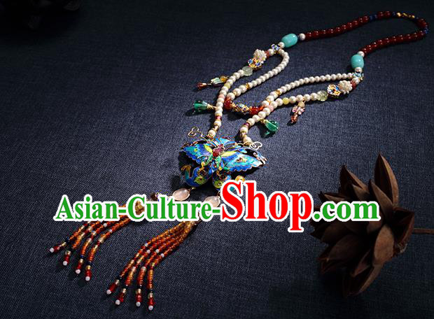 China Traditional Blueing Butterfly Necklace Jewelry Accessories Ming Dynasty Beads Tassel Necklet Pendant