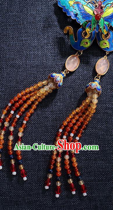 China Traditional Blueing Butterfly Necklace Jewelry Accessories Ming Dynasty Beads Tassel Necklet Pendant