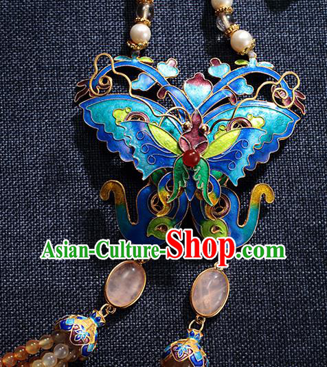 China Traditional Blueing Butterfly Necklace Jewelry Accessories Ming Dynasty Beads Tassel Necklet Pendant