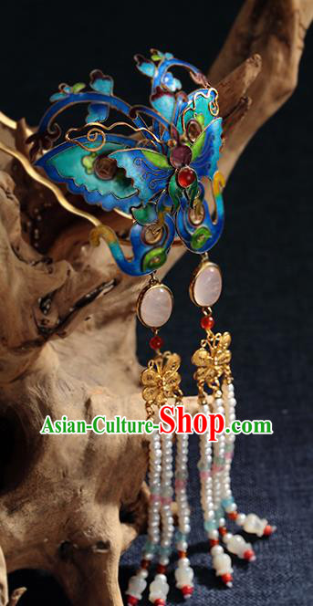 Chinese Ancient Empress Pearls Tassel Hairpin Traditional Qing Dynasty Blueing Butterfly Hair Stick