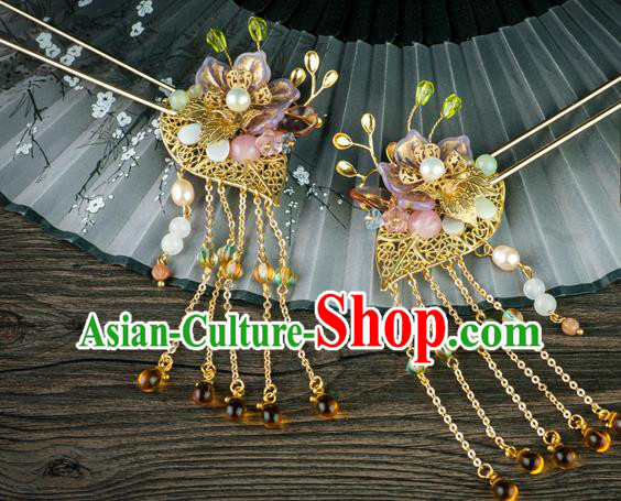 Chinese Traditional Ming Dynasty Princess Pearls Hairpin Ancient Palace Lady Topaz Tassel Hair Stick