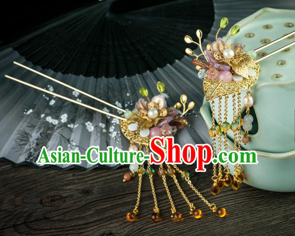 Chinese Traditional Ming Dynasty Princess Pearls Hairpin Ancient Palace Lady Topaz Tassel Hair Stick