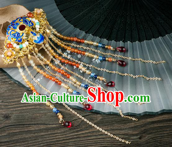 Chinese Traditional Ming Dynasty Princess Beads Tassel Hairpin Ancient Palace Lady Cloisonne Peony Hair Stick