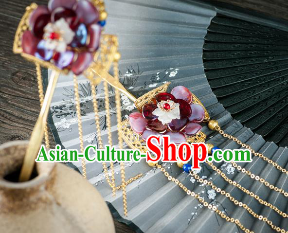 Chinese Ancient Princess Red Plum Hair Stick Traditional Ming Dynasty Golden Tassel Hairpin