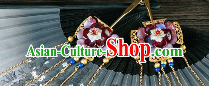 Chinese Ancient Princess Red Plum Hair Stick Traditional Ming Dynasty Golden Tassel Hairpin