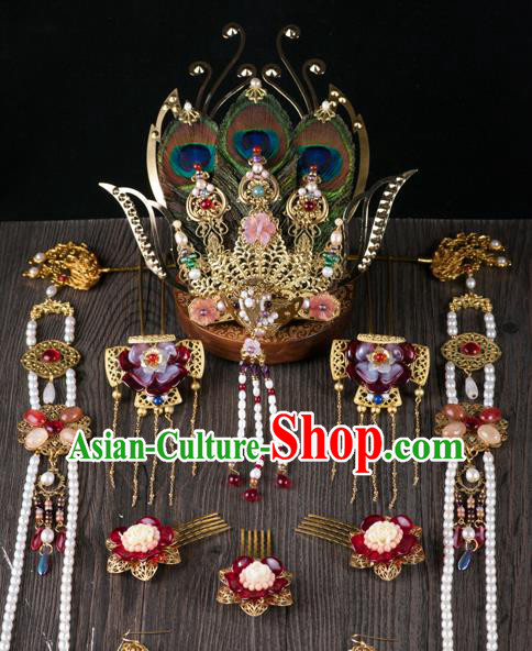 Chinese Ancient Queen Hair Accessories Traditional Ming Dynasty Empress Feather Hair Crown and Tassel Hairpin