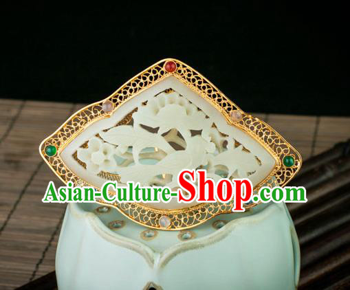 Chinese Ancient Empress Gems Hairpin Traditional Ming Dynasty Jade Carving Plum Hair Crown