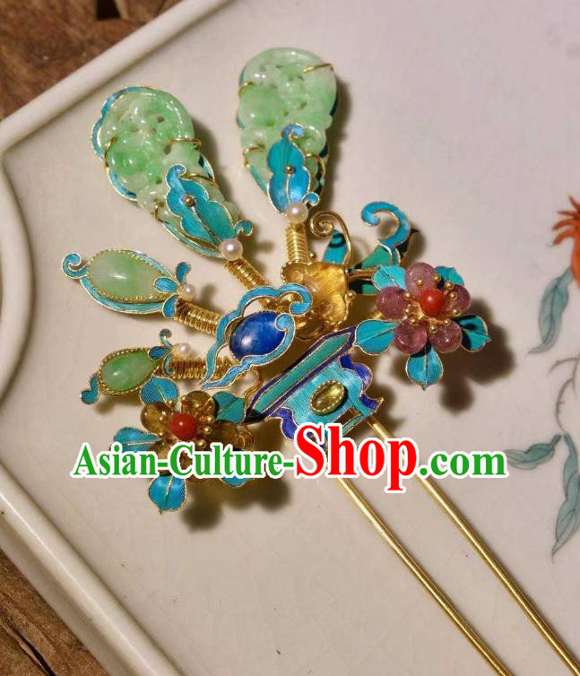 Chinese Ancient Court Empress Cloisonne Hairpin Traditional Qing Dynasty Imperial Concubine Jade Hair Stick