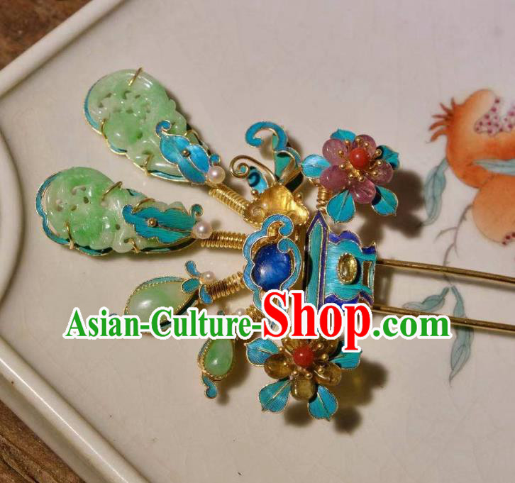 Chinese Ancient Court Empress Cloisonne Hairpin Traditional Qing Dynasty Imperial Concubine Jade Hair Stick