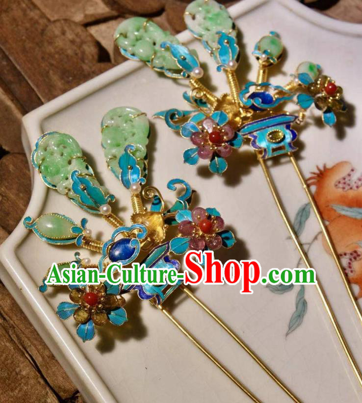 Chinese Ancient Court Empress Cloisonne Hairpin Traditional Qing Dynasty Imperial Concubine Jade Hair Stick
