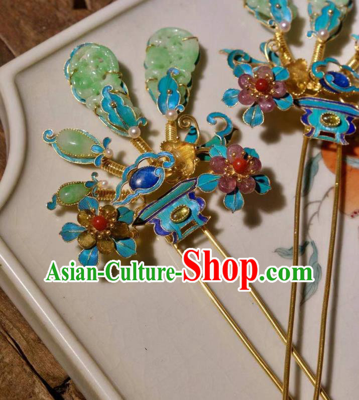 Chinese Ancient Court Empress Cloisonne Hairpin Traditional Qing Dynasty Imperial Concubine Jade Hair Stick