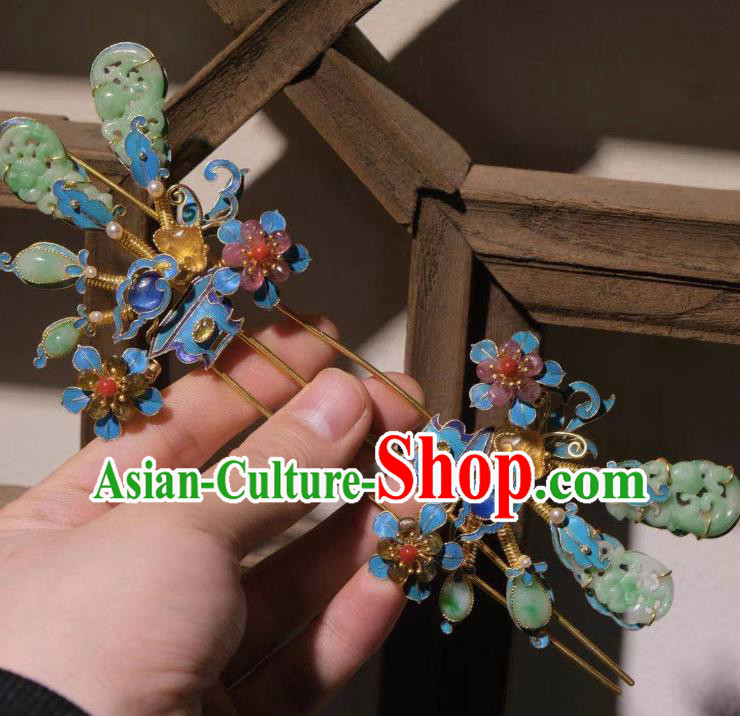 Chinese Ancient Court Empress Cloisonne Hairpin Traditional Qing Dynasty Imperial Concubine Jade Hair Stick