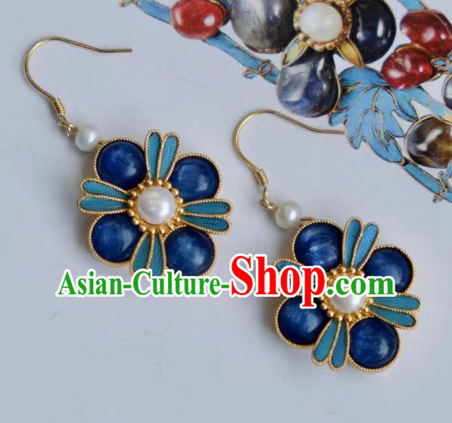 Chinese Traditional Qing Dynasty Sapphire Earrings Accessories National Cheongsam Pearls Ear Jewelry