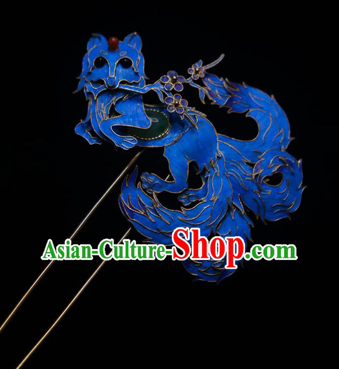 Chinese Ancient Princess Blueing Fox Hair Stick Traditional Qing Dynasty Jade Hairpin Hair Jewelry