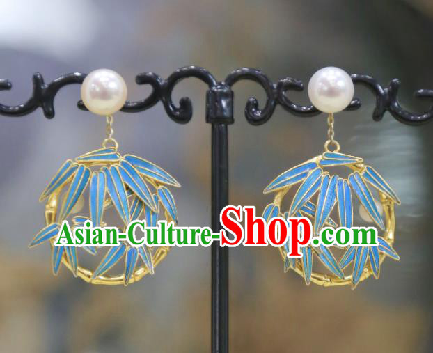 Chinese Traditional Jewelry Ancient Queen Ear Accessories Qing Dynasty Empress Blueing Bamboo Leaf Earrings