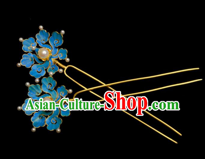 Chinese Ancient Court Queen Pearls Hair Jewelry Traditional Qing Dynasty Empress Blue Cloud Hairpin
