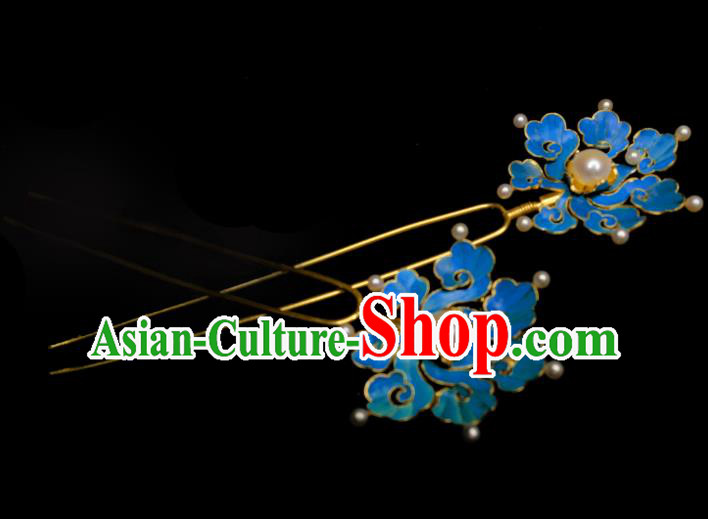 Chinese Ancient Court Queen Pearls Hair Jewelry Traditional Qing Dynasty Empress Blue Cloud Hairpin