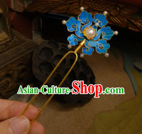 Chinese Ancient Court Queen Pearls Hair Jewelry Traditional Qing Dynasty Empress Blue Cloud Hairpin