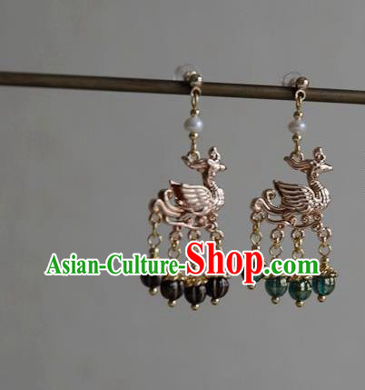Chinese Ancient Queen Golden Phoenix Ear Jewelry Traditional Ming Dynasty Green Beads Tassel Earrings Accessories