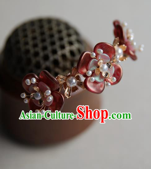 Chinese Traditional Hanfu Pearls Hair Stick Ancient Song Dynasty Princess Red Flowers Hairpin