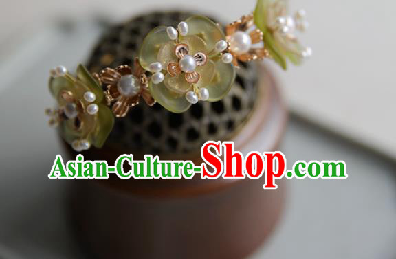 Chinese Ancient Song Dynasty Princess Green Plum Flowers Hairpin Traditional Hanfu Pearls Hair Stick