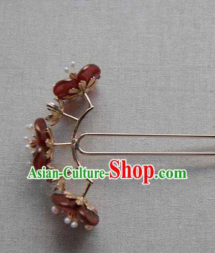 Chinese Traditional Hanfu Pearls Hair Stick Ancient Song Dynasty Princess Red Flowers Hairpin