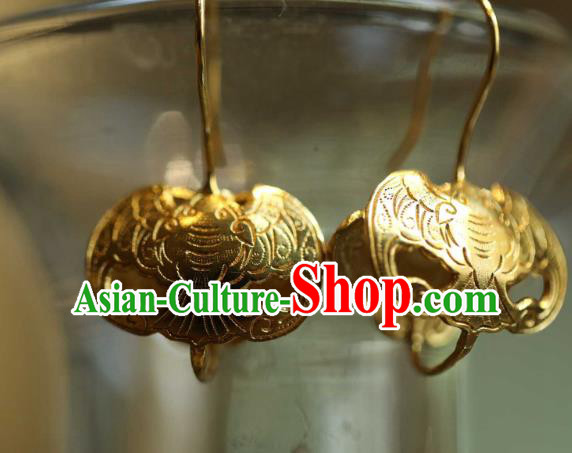 Chinese Traditional Ming Dynasty Court Golden Bat Earrings Accessories Ancient Empress Ear Jewelry