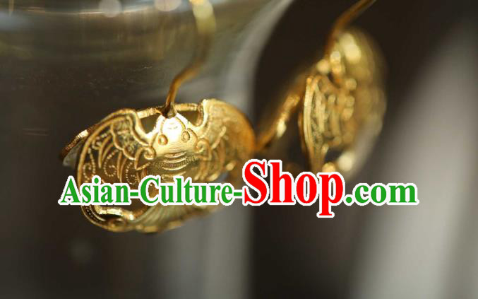 Chinese Traditional Ming Dynasty Court Golden Bat Earrings Accessories Ancient Empress Ear Jewelry