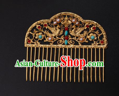 Chinese Traditional Tang Dynasty Empress Pearls Hairpin Ancient Queen Golden Phoenix Hair Comb