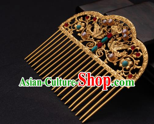Chinese Traditional Tang Dynasty Empress Pearls Hairpin Ancient Queen Golden Phoenix Hair Comb