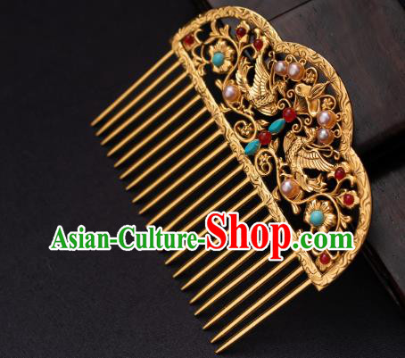 Chinese Traditional Tang Dynasty Empress Pearls Hairpin Ancient Queen Golden Phoenix Hair Comb
