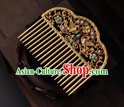 Chinese Traditional Tang Dynasty Empress Pearls Hairpin Ancient Queen Golden Phoenix Hair Comb
