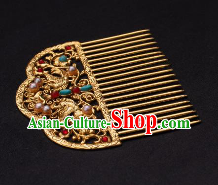Chinese Traditional Tang Dynasty Empress Pearls Hairpin Ancient Queen Golden Phoenix Hair Comb