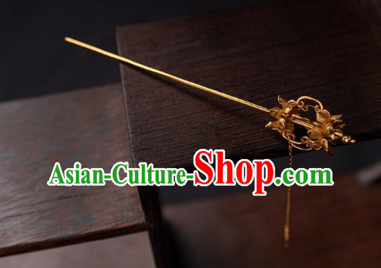 Chinese Traditional Ming Dynasty Empress Hairpin Ancient Queen Golden Lotus Tassel Hair Stick