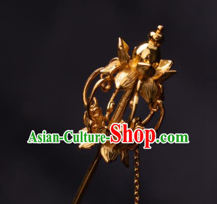 Chinese Traditional Ming Dynasty Empress Hairpin Ancient Queen Golden Lotus Tassel Hair Stick