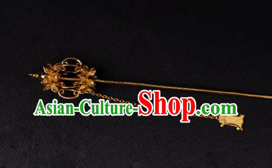 Chinese Traditional Ming Dynasty Empress Hairpin Ancient Queen Golden Lotus Tassel Hair Stick
