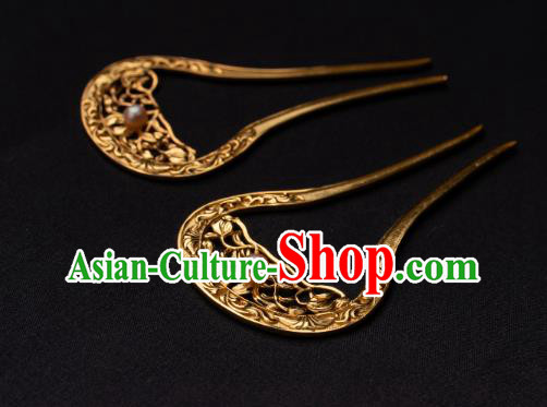 Chinese Ancient Palace Lady Golden Hair Stick Traditional Tang Dynasty Empress Wedding Pearl Hairpin