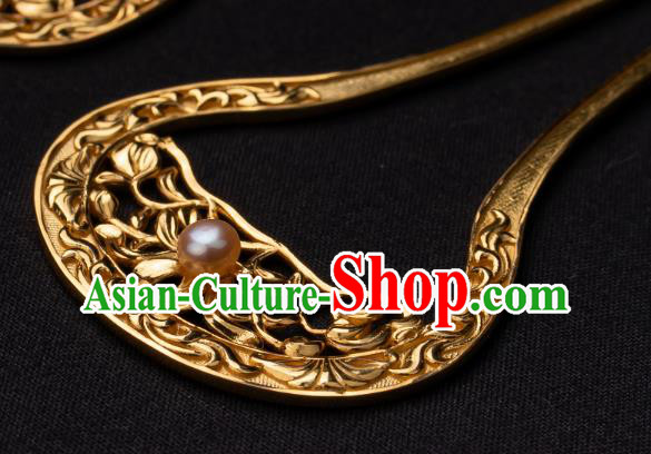 Chinese Ancient Palace Lady Golden Hair Stick Traditional Tang Dynasty Empress Wedding Pearl Hairpin