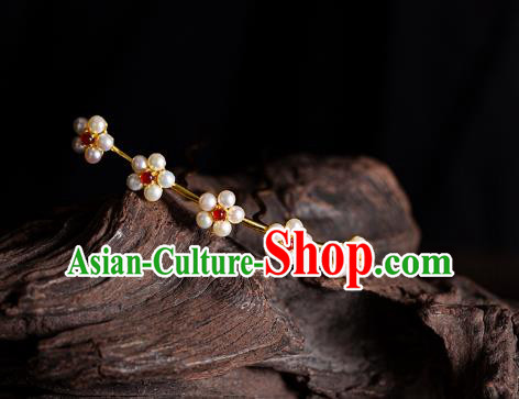 Chinese Ancient Empress Pearls Plum Blossom Hair Stick Traditional Ming Dynasty Queen Garnet Hairpin