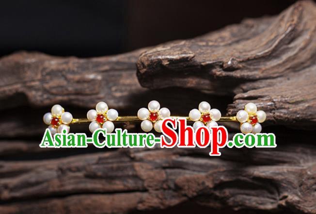 Chinese Ancient Empress Pearls Plum Blossom Hair Stick Traditional Ming Dynasty Queen Garnet Hairpin