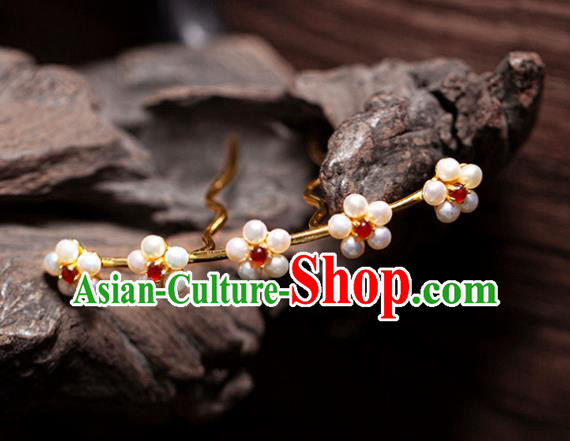 Chinese Ancient Empress Pearls Plum Blossom Hair Stick Traditional Ming Dynasty Queen Garnet Hairpin