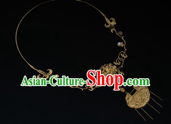China Traditional Ming Dynasty Golden Tassel Necklace Jewelry Accessories National Longevity Lock Pendant