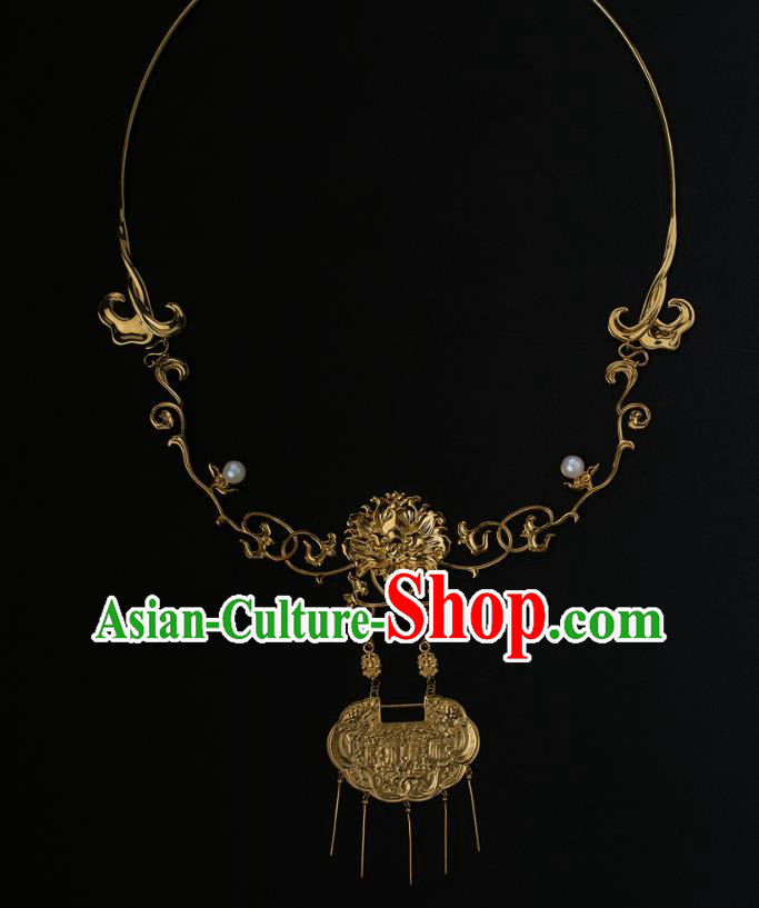 China Traditional Ming Dynasty Golden Tassel Necklace Jewelry Accessories National Longevity Lock Pendant