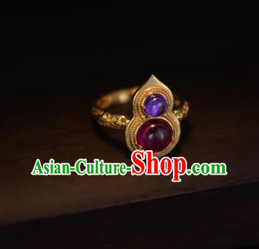 China National Golden Gourd Ring Jewelry Traditional Accessories Handmade Qing Dynasty Gems Circlet