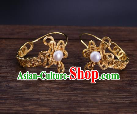 Chinese Ancient Court Empress Golden Ear Jewelry Traditional Ming Dynasty Queen Earrings Pearl Accessories